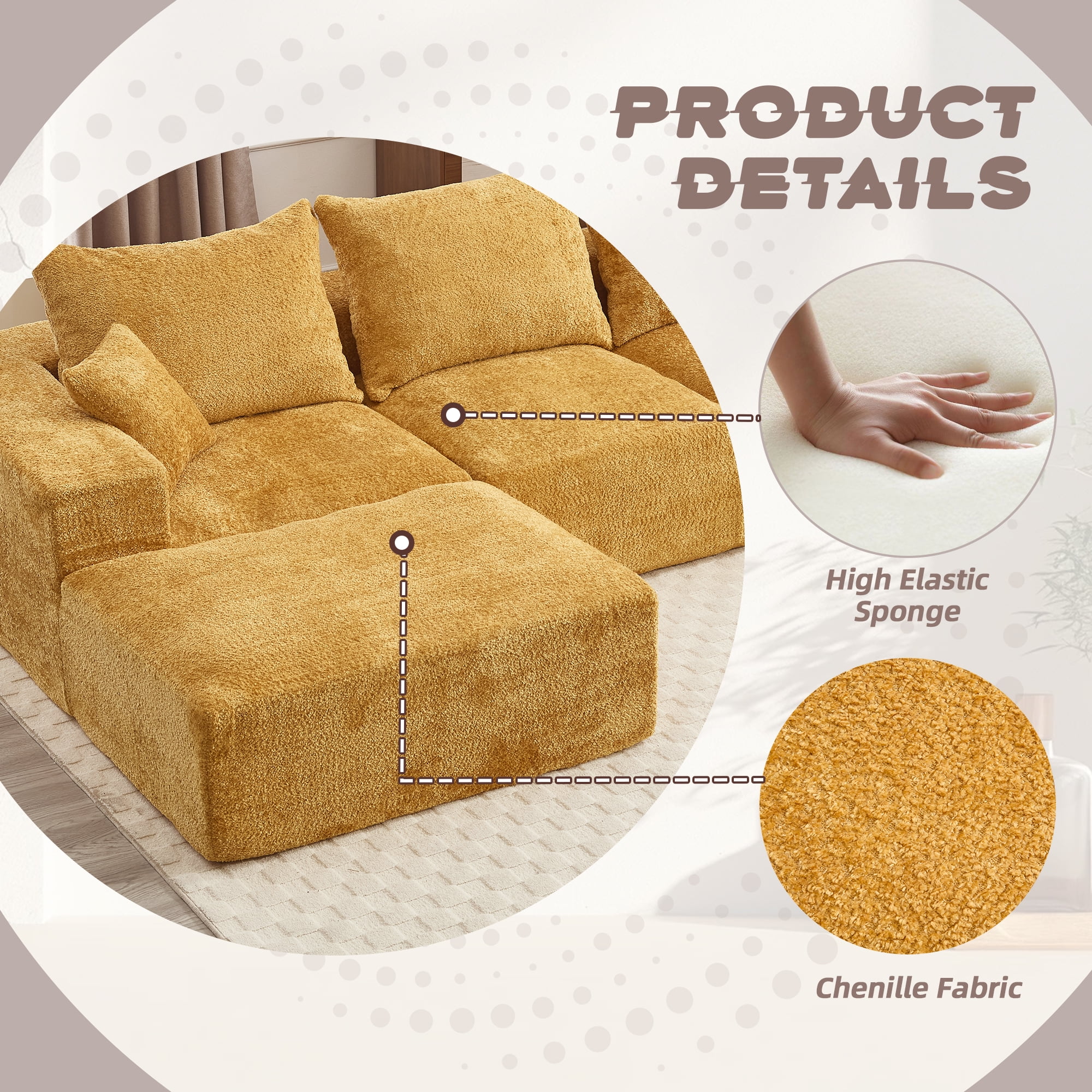 MOONMISS Boucle Upholstered L-shaped Intimate Comfort Deep Seat Modern Sofa with 5 Pillows-Yellow