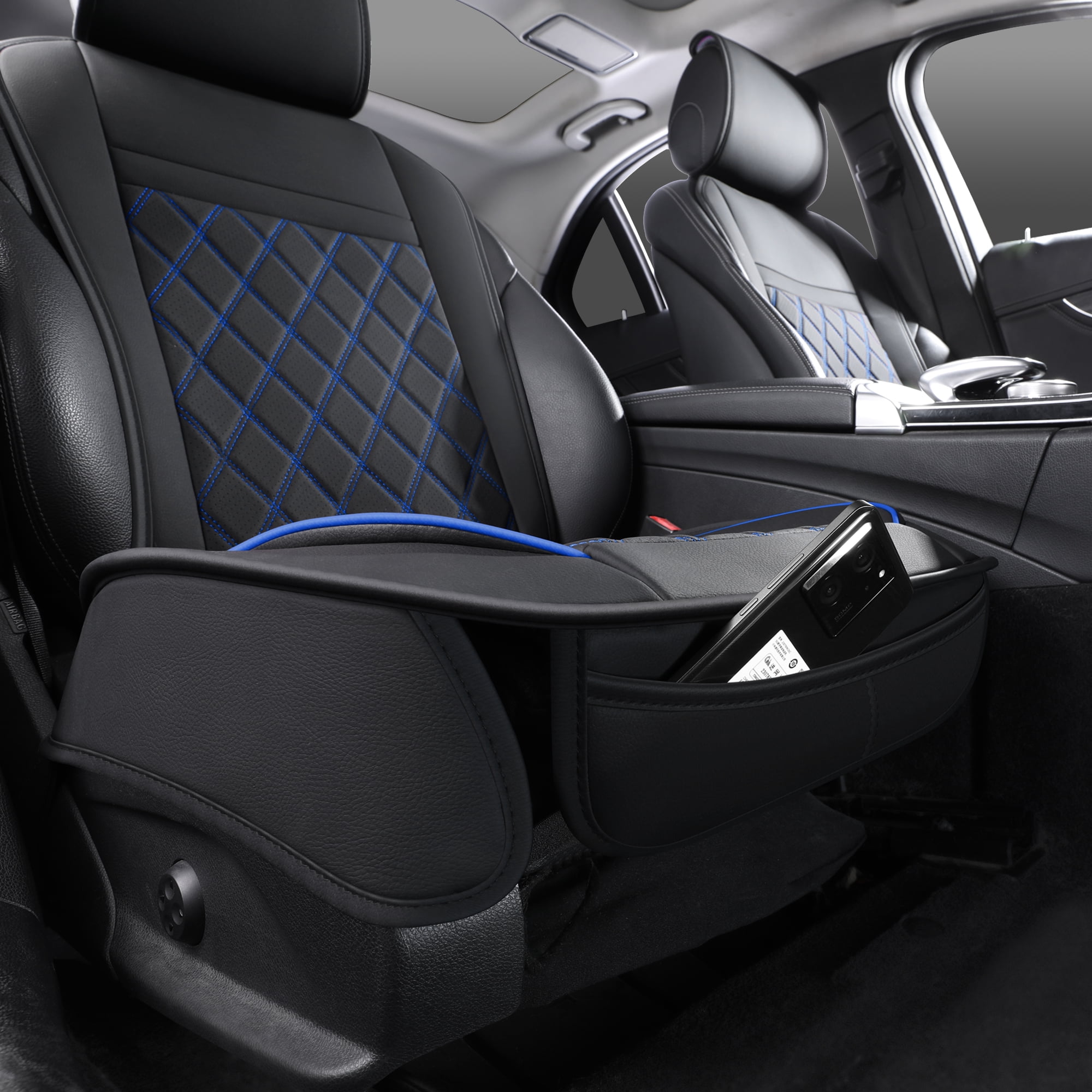 Universal Front Car Seat Covers for 2 Seats, Black-Blue Trim, Stylish Interior Upgrade for Cars SUVs Trucks, Full Surround Anti-Wear Waterproof Front Seat Protector
