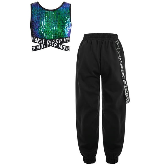 Aislor Kids Girls Hip Hop Dance Shiny Sequins Sleeveless Crop Tops with Chain Pocket Jogger Pants Green 8