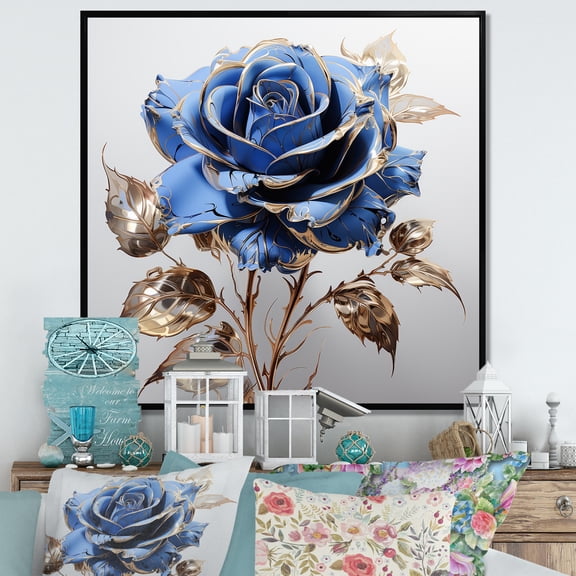 Designart "Gold and Blue Rose in Glass III" Floral Framed Wall Art - Blue Rose Entryway Framed Wall Art