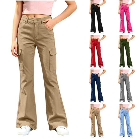 Liyamei Girls School Uniform Pants Elastic Waist Twill Bootcut Trousers Everyday Wear for 5-15 Years