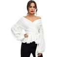 thumbnail image 1 of Blusa de manga larga con cuello en V y volantes para mujer, 1 of 4