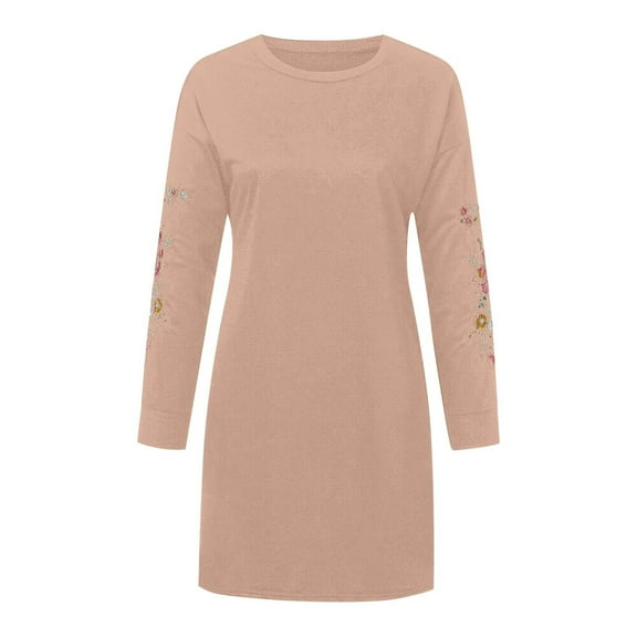 Patlollav Winter Dress,Women Sexy Long Sleeve Casual Solid Embroidered Round Neck Long Dresses