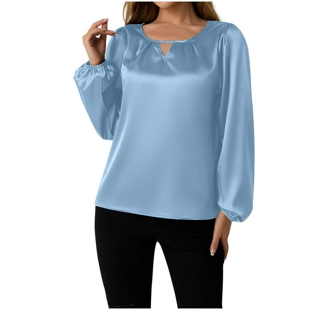 Blouses en Soie pour Femmes Col Rond Trous de Clé T-Shirts Manches Longues Blouse Coupe Décontractée Tendances Sweat Léger Tenues de Bureau