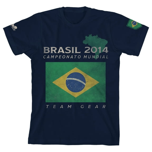 Team Gear Vintage Brazil Champions 2014 Youth Navy Crew Neck Short Sleeve T-shirt-Medium