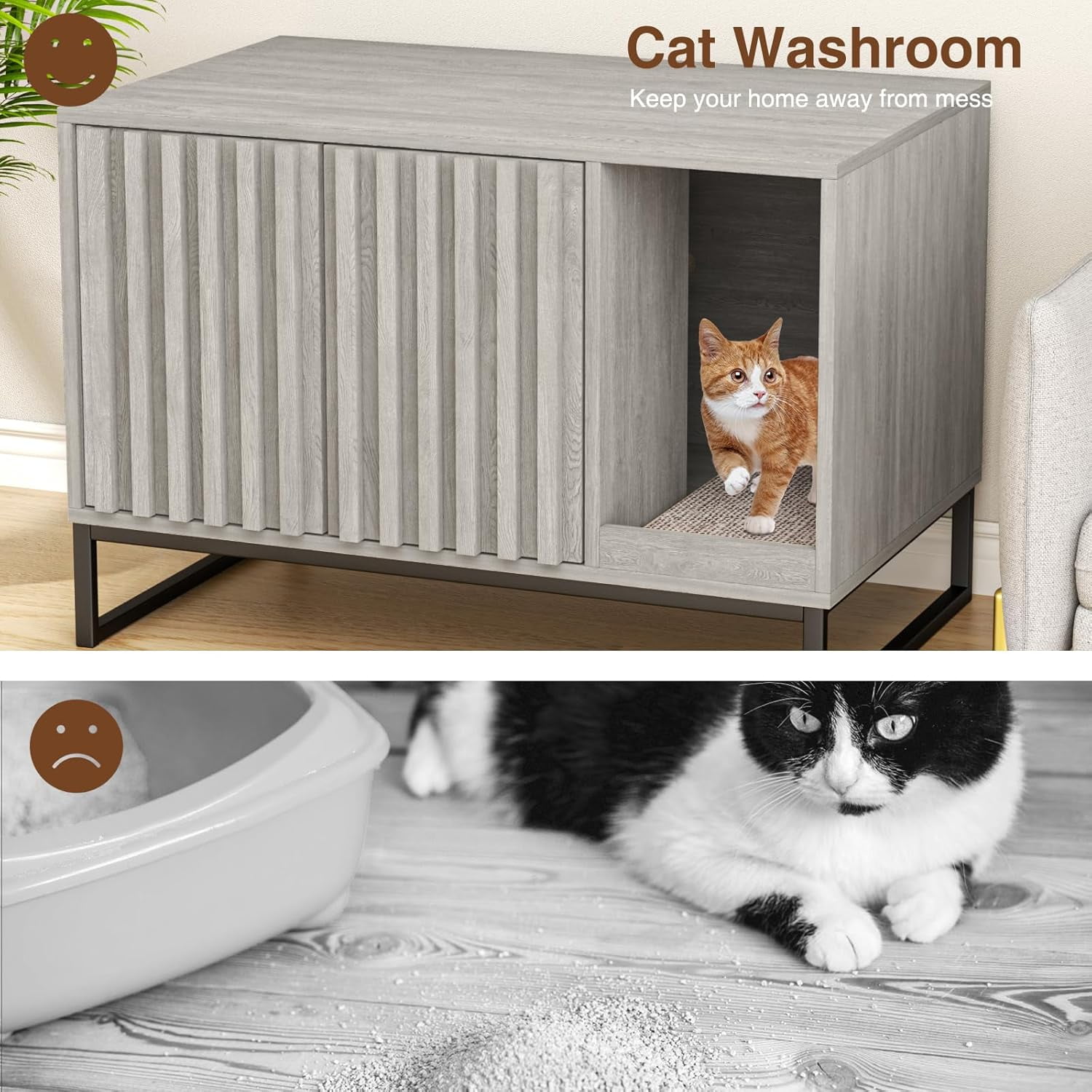 Vabches Hidden Cat Litter Box Enclosure Furniture, Multi-Functional Cat Washroom Bench with Cat Scratching Pad and Fluted Doors