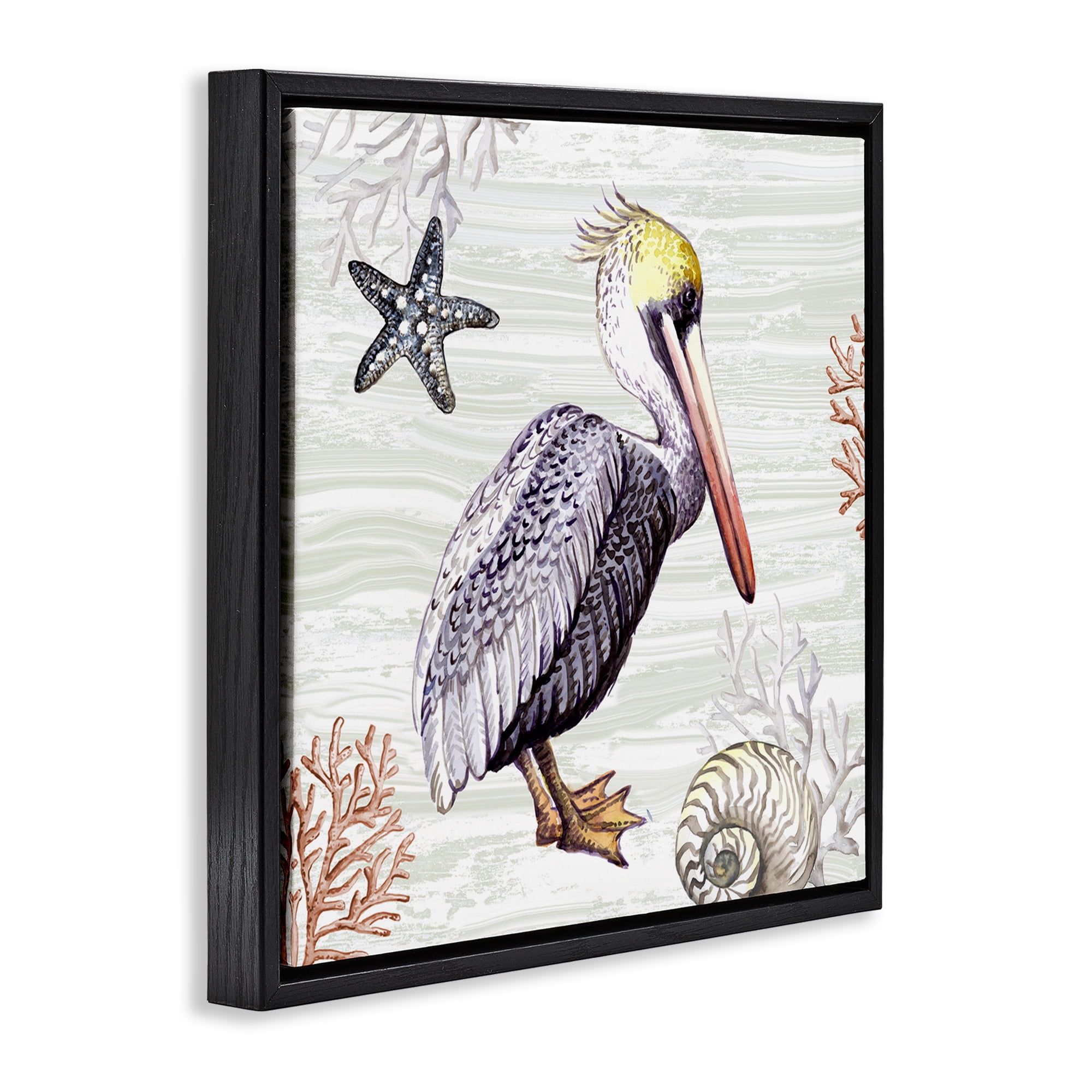 Stupell Industries Beach Bird Pelican Animals Painting Black Floater Framed Canvas Art Print Wall Art, 18 x 18