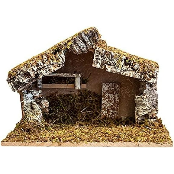 Nativity Stable Creche for Christmas Nativity Scene Wood with Moss 12" x 7" x 9" Handmade in Italy