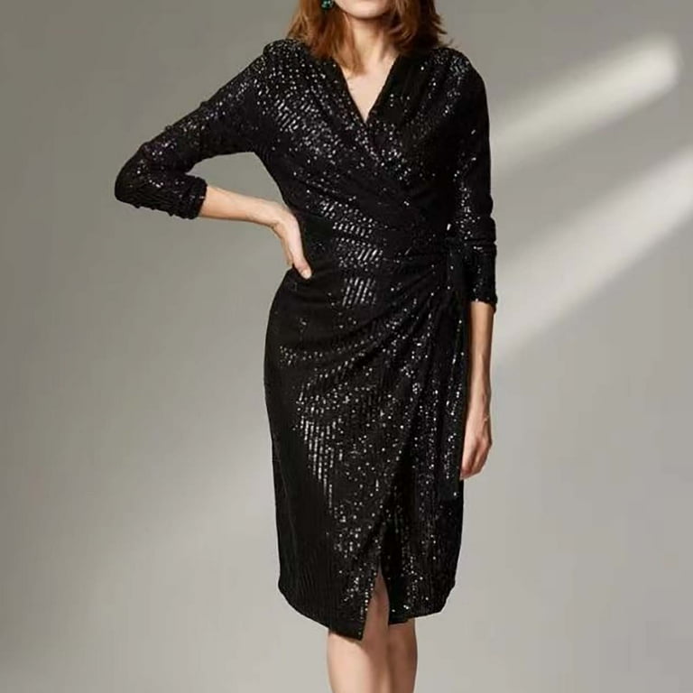 Lovskoo Women's 2024 Sequin Dress Long Sleeve Midi Dress V Neck Sparkly  Glitter Wrap Dress with Belt Black - Walmart.com