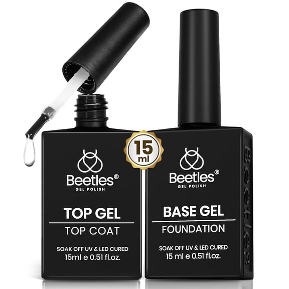 Beetles No Wipe Top and Base Coat Set, 2 Pcs, 15ml, Super Shiny UV LED Formula