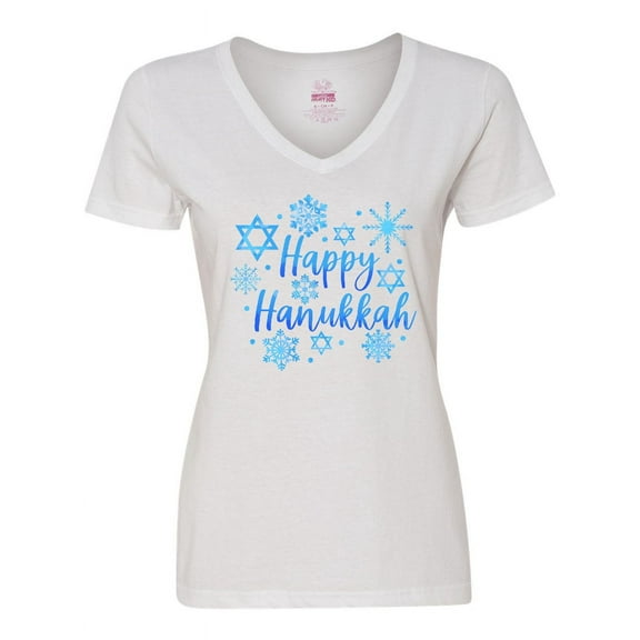 Inktastic Happy Hanukkah Blue Stars of David and Snowflakes Women's V-Neck T-Shirt
