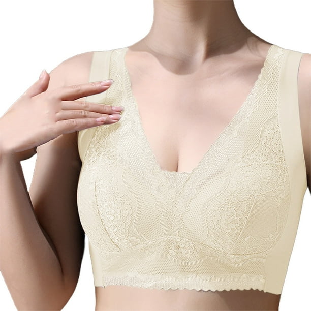 Aayomet Sports Bra V Neck Lace Fixed Cup Wide Shoulder Anti Droop and Side  Breast Sexy Bra (Beige, XXXXL)