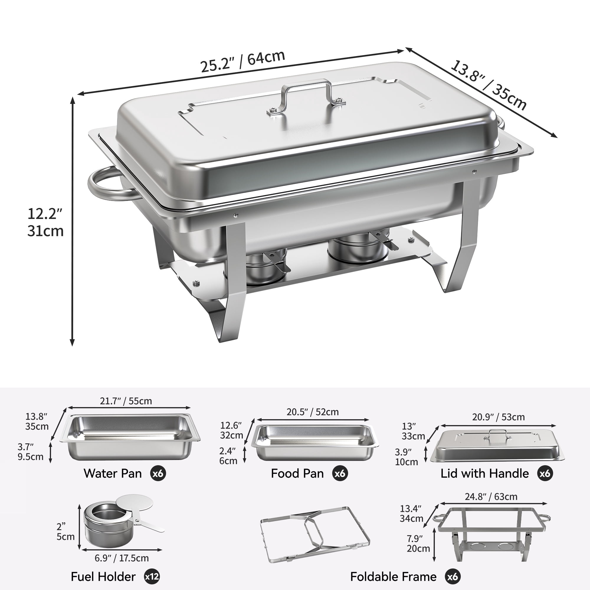 Dextrus 9L/9.5Q 6Pack Chafer Chafing Dish Buffet Sets Stainless Steel Serving Dish Catering Pans Food Warmer Full Size Rectangular Party Chafing Set