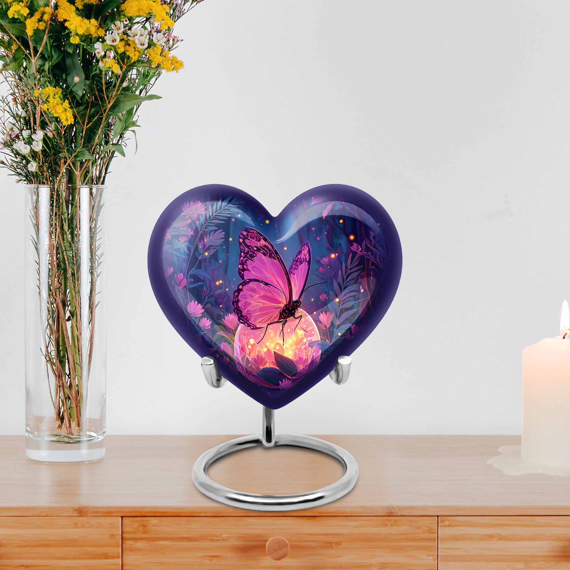 MUKTIVE Purple Butterfly Keepsake Heart Urn for Ashes for Men & Women, Purple Flower Cremation Urns for Human Ashes, Handcrafted Gift for Loss of Family, 3 Inch Small Blue Cremains Ash Holder