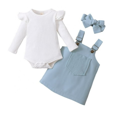 

SYNPOS Newborn 3Pcs Overall Sets Infant Ruffle Romper+ Strap Skirt +Headband Fall Winter Clothes for Baby Girl 0-3 Years