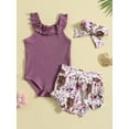 thumbnail image 2 of Arvbitana 0-24 Months Infant Baby Girls 3PCS Romper Sets Solid Color Ribbed Romper and Floral Cattle Head Print Shorts Sets Summer Outfit with Headband, 2 of 9