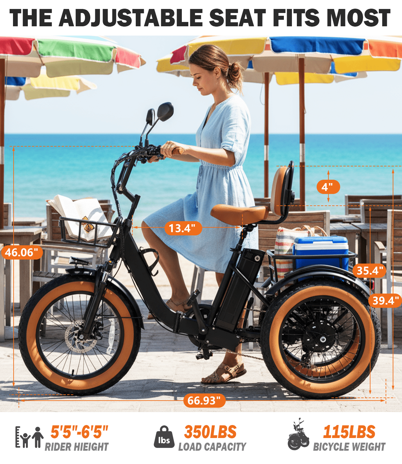 Electric Tricycle for Adult Folding Etrike Adult Electric 3 Wheels Bicycle Peak 1350W Motor Aluminum Frame 48V15.6AH Lithium Battery 20×4.0" Fat Tire & Rear Differential
