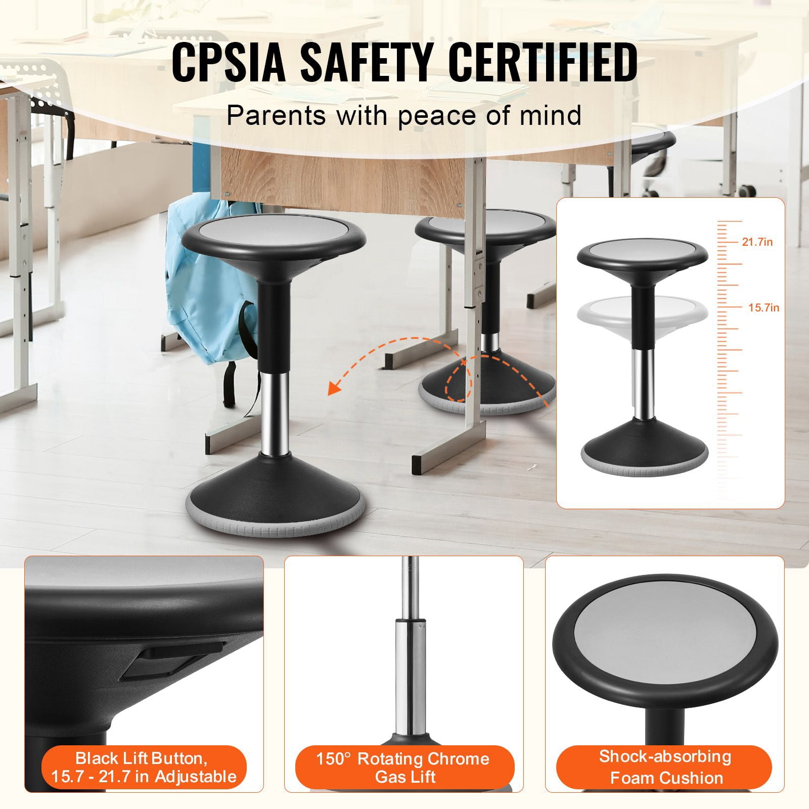 Wobble Chair with Adjustable Height, Active Flexible Seating Stool for Kids and Teens, 360° Swivel, Non-Slip Base, 15.7-21.7 in, for Classroom, Office, Home
