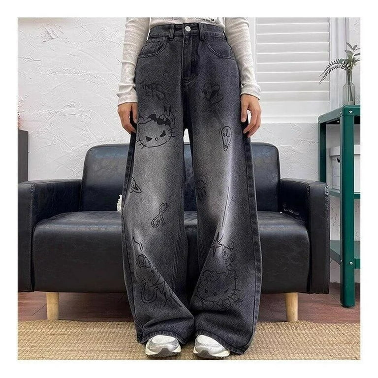 パンツ washed strap denim buggy pants y2k BLACK Kids Girl Wide Leg Jeans Washed Black Denim Pants Baggy