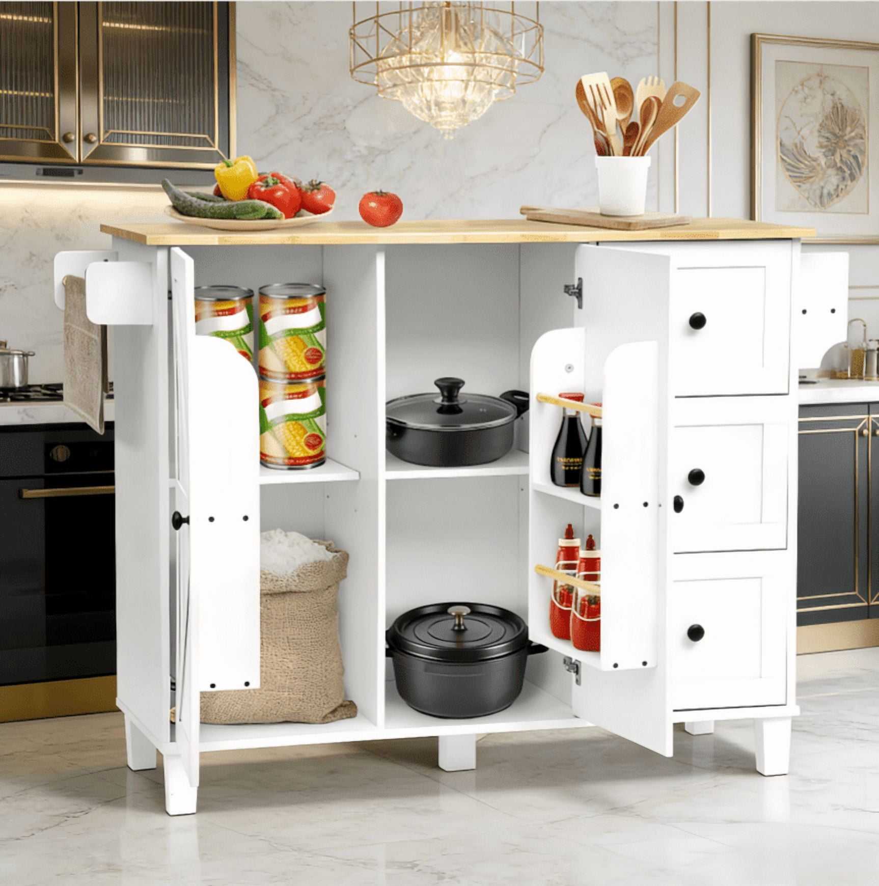 【HOSTK】White Rolling Kitchen Island Cart with Storage Cabinet, Drawer, Wine Rack & 2 Adjustable Shelves, Mobile Kitchen Storage Cabinet on Wheels
