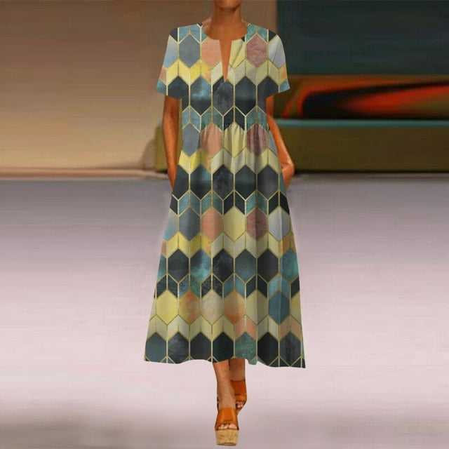 Robes Femmes Grande Taille Imprimé Quotidien Décontracté Manches Courtes Vintage Bohème Col en V Robe en Liquidation
