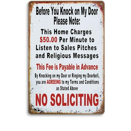 Size: 12*8 Inches Vintage Metal Tin Sign - Humorous No Soliciting Message, $50 Charge Warning, Pre-Payment Required, Door Policy Sign, Funny Privacy Decor, for Home and Business