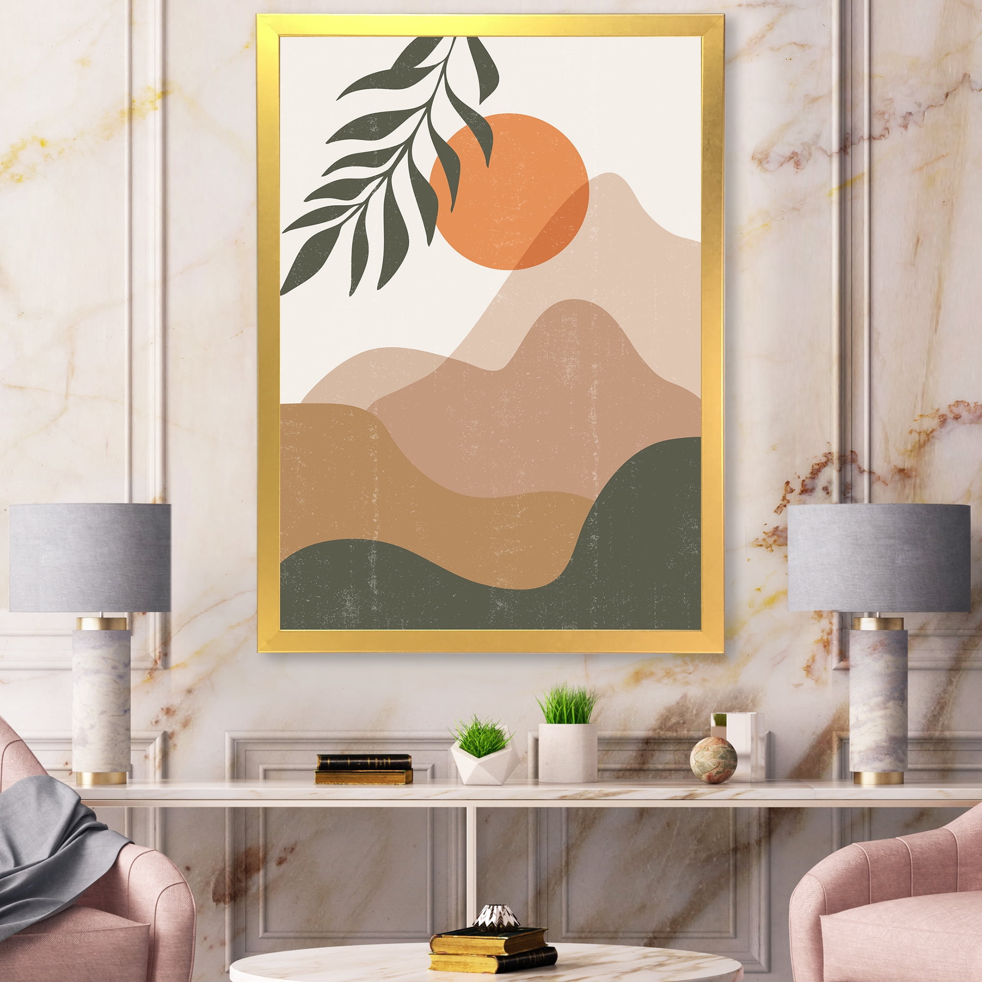 Designart 'Abstract Earth Toned Mountains With Red Moon I' Modern Framed Art Print