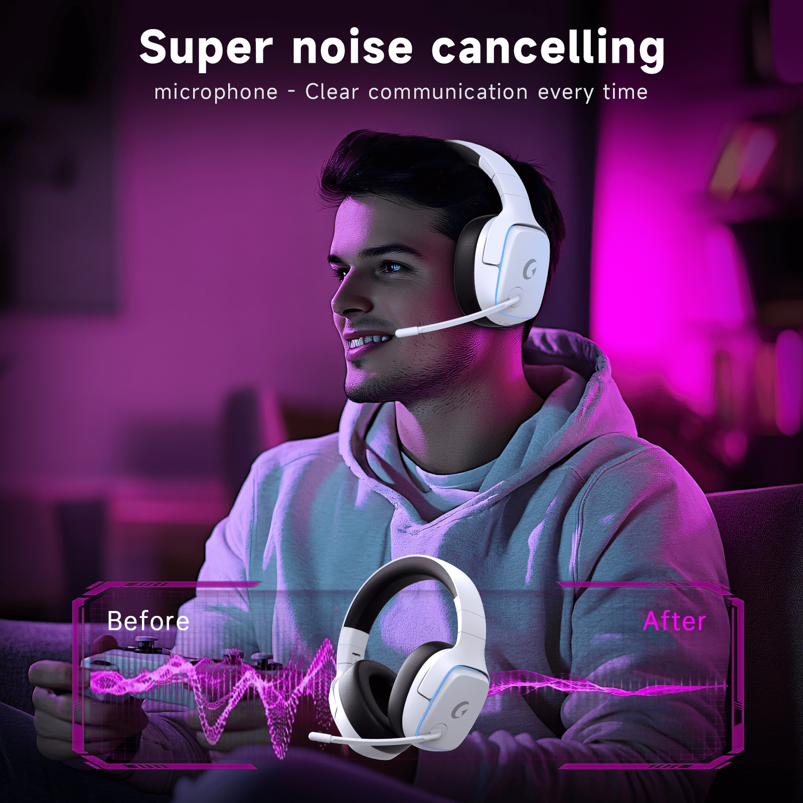 UDH Wireless Gaming Headset 2.4GHz for PS5/PS4/PC/Switch - Bluetooth 5.3 Headphones with Noise-Canceling Mic, 7.1 Surround Sound, 70H Battery Life, RGB Lights, Foldable, Portable - White