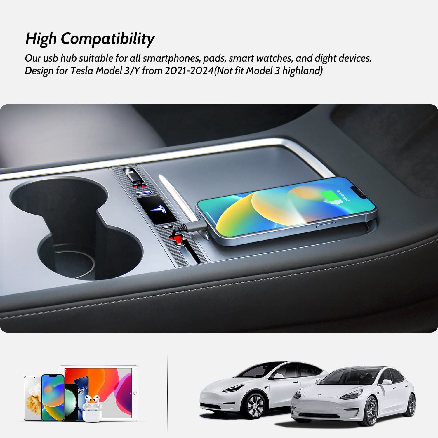 Mowlicas OEM Design for Tesla USB Hub (Silver Gray), Retractable Car Fast Charger is Necessary Tesla Model Y/3 2024/2023/2022/2021 Accessories but Not for Model 3 Highland, Gifts for Tesla Owners…