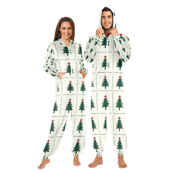 Squares Christmas Trees Adult Onesie Pajamas Slim Fit Christmas One Piece Suit Pjs for Women and Men Hooded Zipper
