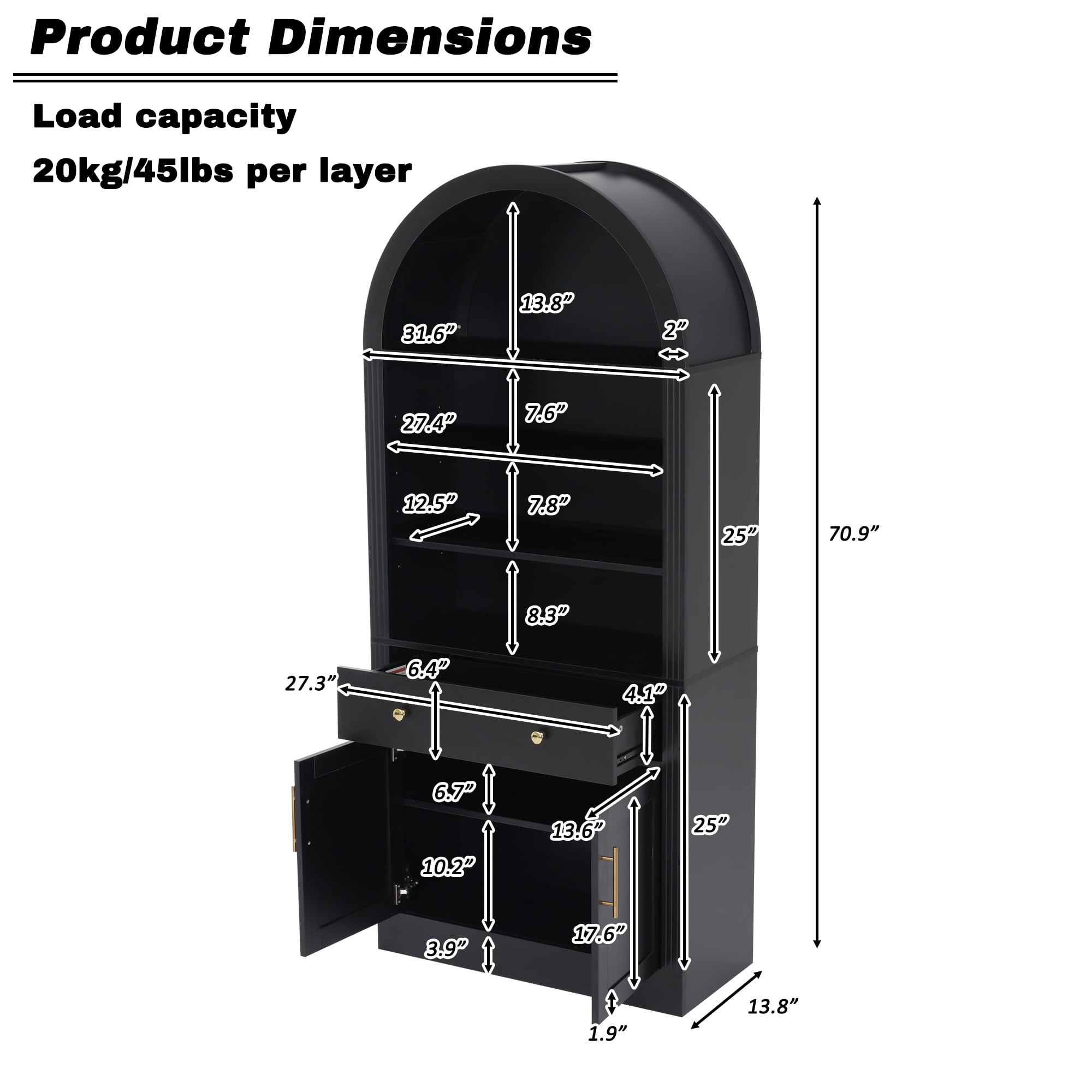 71" Tall Arched Bookshelf with Storage Cabinet, Display Bookcase with Drawer Doors and Adjustable Shelves
