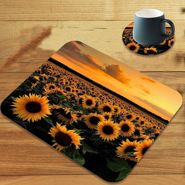 Gaming Mouse Pad, Golden Sunflower Floral Customized Designs Non-Slip Rubber Base Gaming Mouse Pads and Coaster Set,