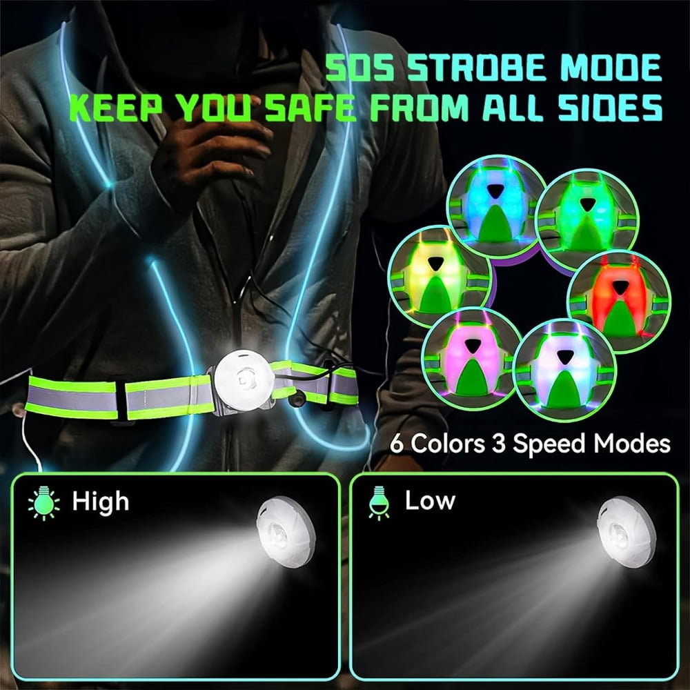 LED Reflective Running Vest with Front Light, Safety USB Rechargeable Reflective Night Lights for Running, Jogging, Cycling or Walking, High Visibility Warning LED Lights