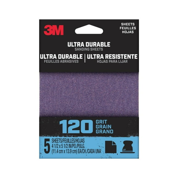 3M Ultra Durable Power Sandpaper, 120 Grit, 1/4 Sheet, 4.5 in x 5.5 in, 5/pack