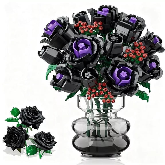 Mysterious Black Roses Interlocking Block Building Set Valentine Gifts for Kids and Adutls Aged 8  (15 Roses)