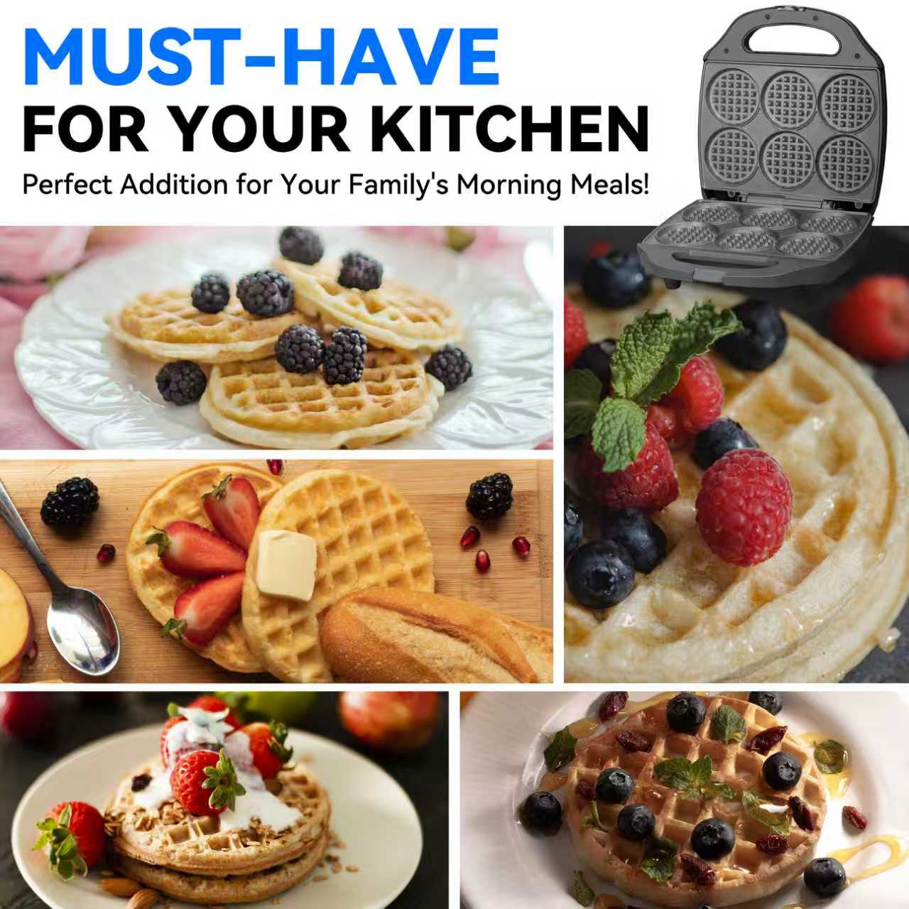 Mailand 6 x 3'' Multi Mini Waffle Maker Machine, Small Waffle Iron, Perfect for Families and Individuals Use, Non-Stick, 900W, Black