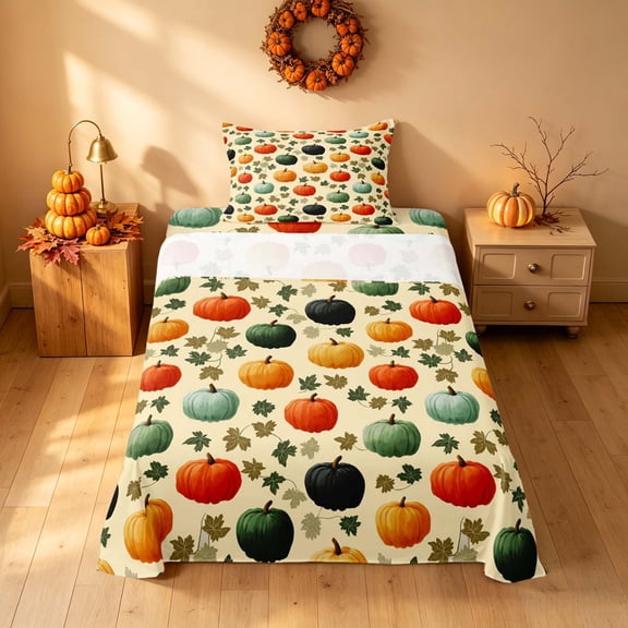 Homewish Vintage Fall Pumpkin Twin Sheets, Autumn Maple Leaf Bedding, Cream Mixed Hues, 3 Pieces (1 Flat Sheet, 1 Fitted Sheet and 1 Pillowcase)