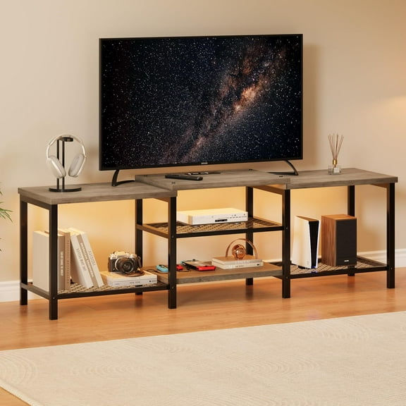 Industrial TV Stand for TVs Up to 70 Inch, Large Entertainment Center with Power Outlets, Led Lights, Open Storage Shelves, Modern Media Console Table with Storage for Living Room