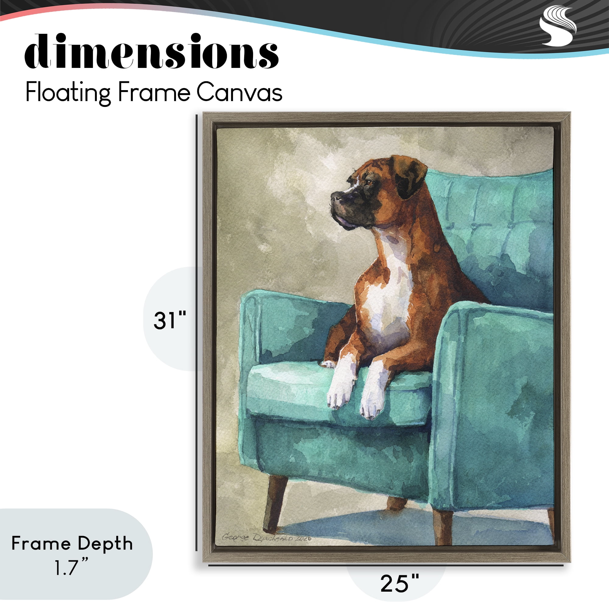 Stupell Industries Majesty Boxer on Armchair Brown Framed Floater Canvas Wall Art, design by George Dyachenko
