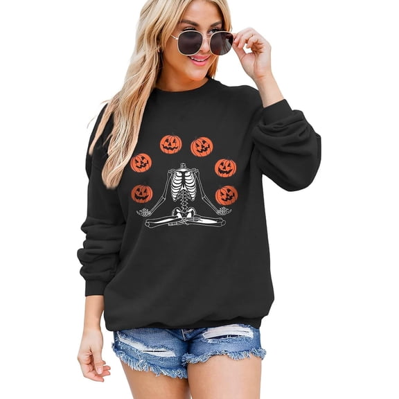 Women Halloween Meditating Skeleton Jack o Lantern Graphic Long Sleeve Pullover for Halloween Party