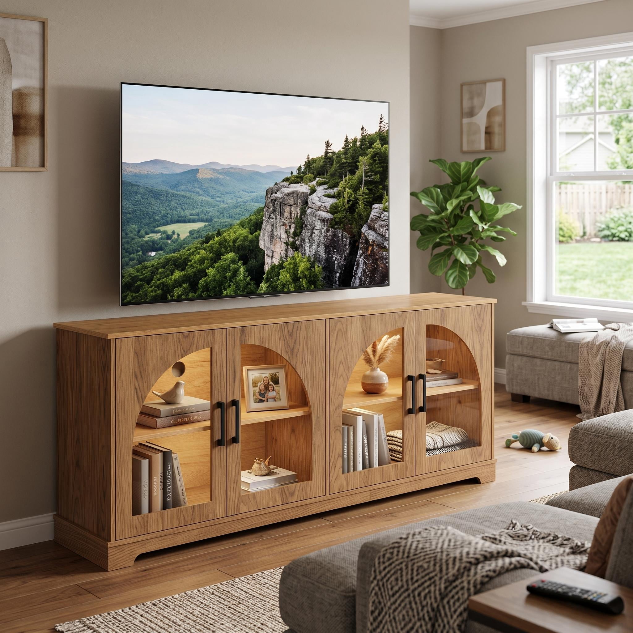 Homy Casa 67" Two-Tone TV Stand for TVs up to 70", Tempered Glass Doors and Storage Cabinet, Brown