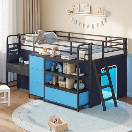 Low Loft Bed with Desk and LED Lights, Twin Size Loft Bed Frame with 6 Storage Drawers, Bookshelf and Under-Bed Play Space, Twin Bed Frame with Safety Guardrail&Ladder for Bedroom, Black