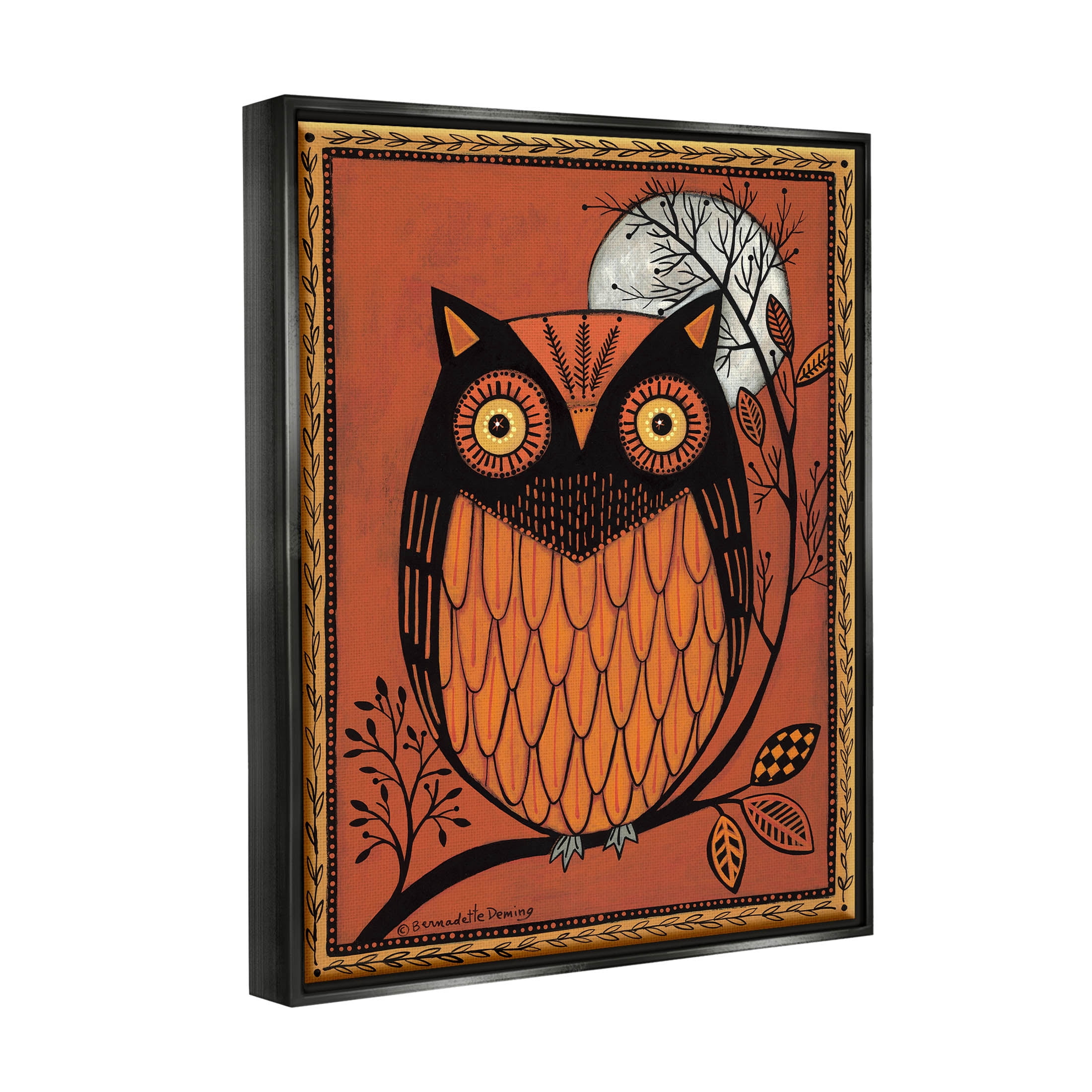 Round Owl Autumn Botanical Border Holiday Graphic Art Jet Black Framed Art Print Wall Art