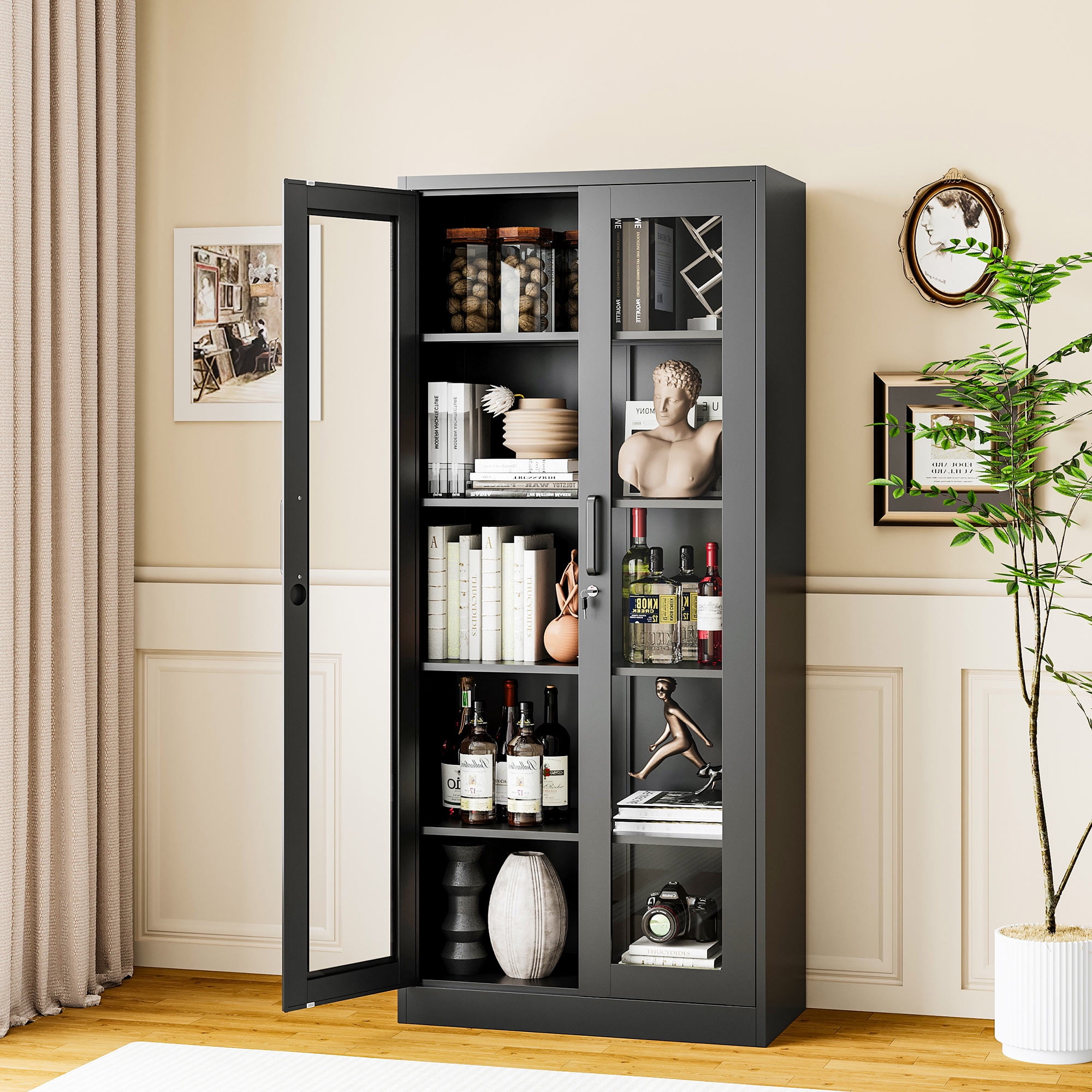STANI 71"H Metal Glass Display Cabinet, 4 Adjustable Shelves,Lockable Storage Cabinets with Tempered Glass Door, for Home Office Pantry Bathroom,Black
