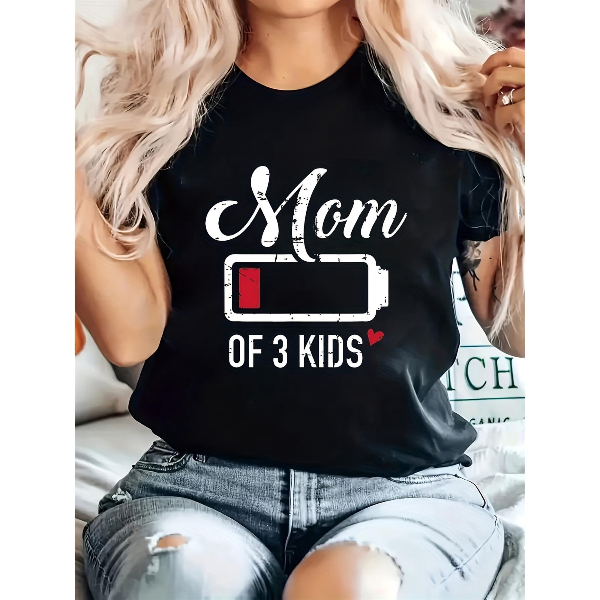 Women's Funny Tired Low Battery Mom of 3 Kids T-Shirt