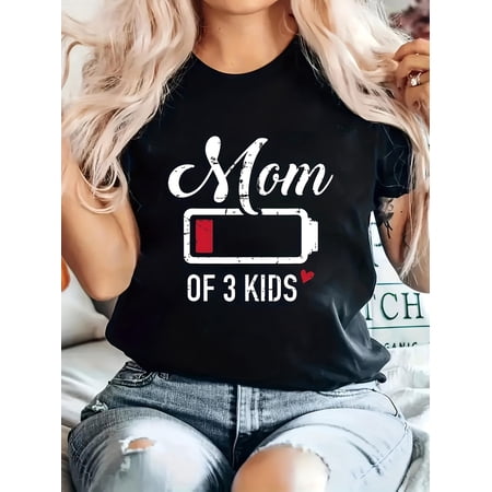 Women's Funny Tired Low Battery Mom of 3 Kids T-Shirt