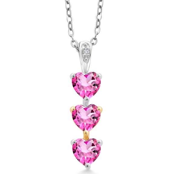 Gem Stone King 925 Silver and 10K Yellow Gold Pink Mystic Topaz and White Lab Grown Diamond 3 Stone Heart Shape Pendant Necklace By Keren Hanan (1.81 Cttw, with 18 inch Chain)
