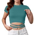 thumbnail image 2 of TODOZO Crop Tops for Women Trendy Summer Slim Fitted Basic Tees for Women Going Out Tops for Women Cropped Tie Front Petite Summer High Neck Short Sleeve Tops T Shirts Work Out Outfits Green M, 2 of 7