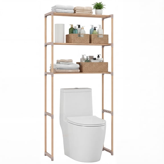 Gymax Over The Toilet Storage Rack 3-Tier Pine Wood Bathroom Organizer w/ Open Shelves