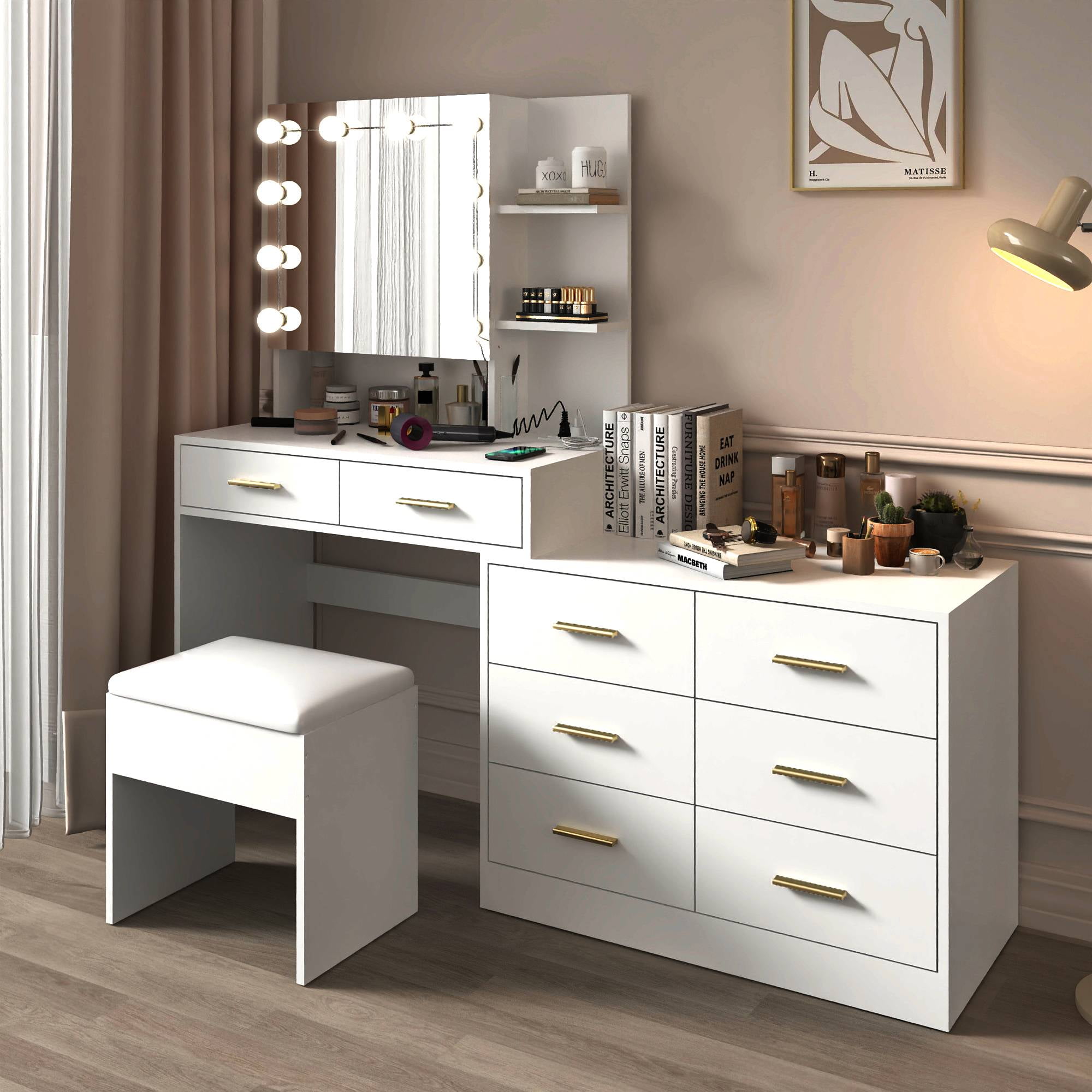 Ktaxon Makeup Vanity with 8 Drawers&Charging Station, Vanity Desk with 3 Color Light, Vanity Table Set w/ Drawer Dresser, White